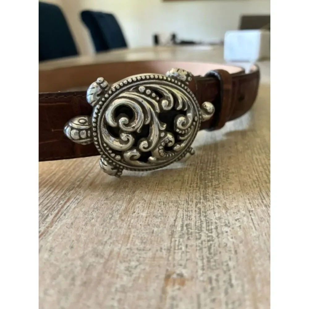 Brighton B3707 Brown Leather Belt Silver Turtle Buckle Statement
